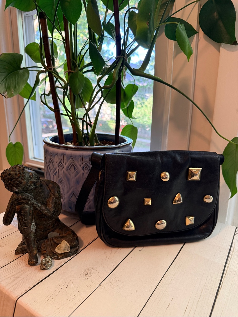 Carla Marchi | Vintage Black Studded Leather Crossbody Bag, Made in Italy